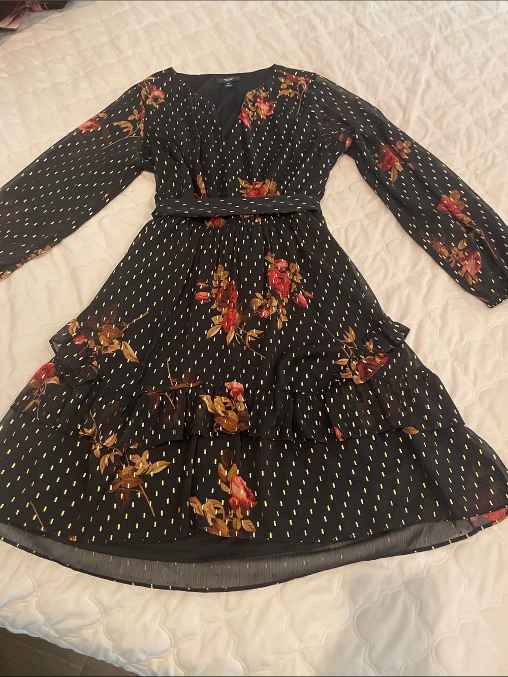 Vera Wang Black Floral Midi Dress with Gold Dot Detail